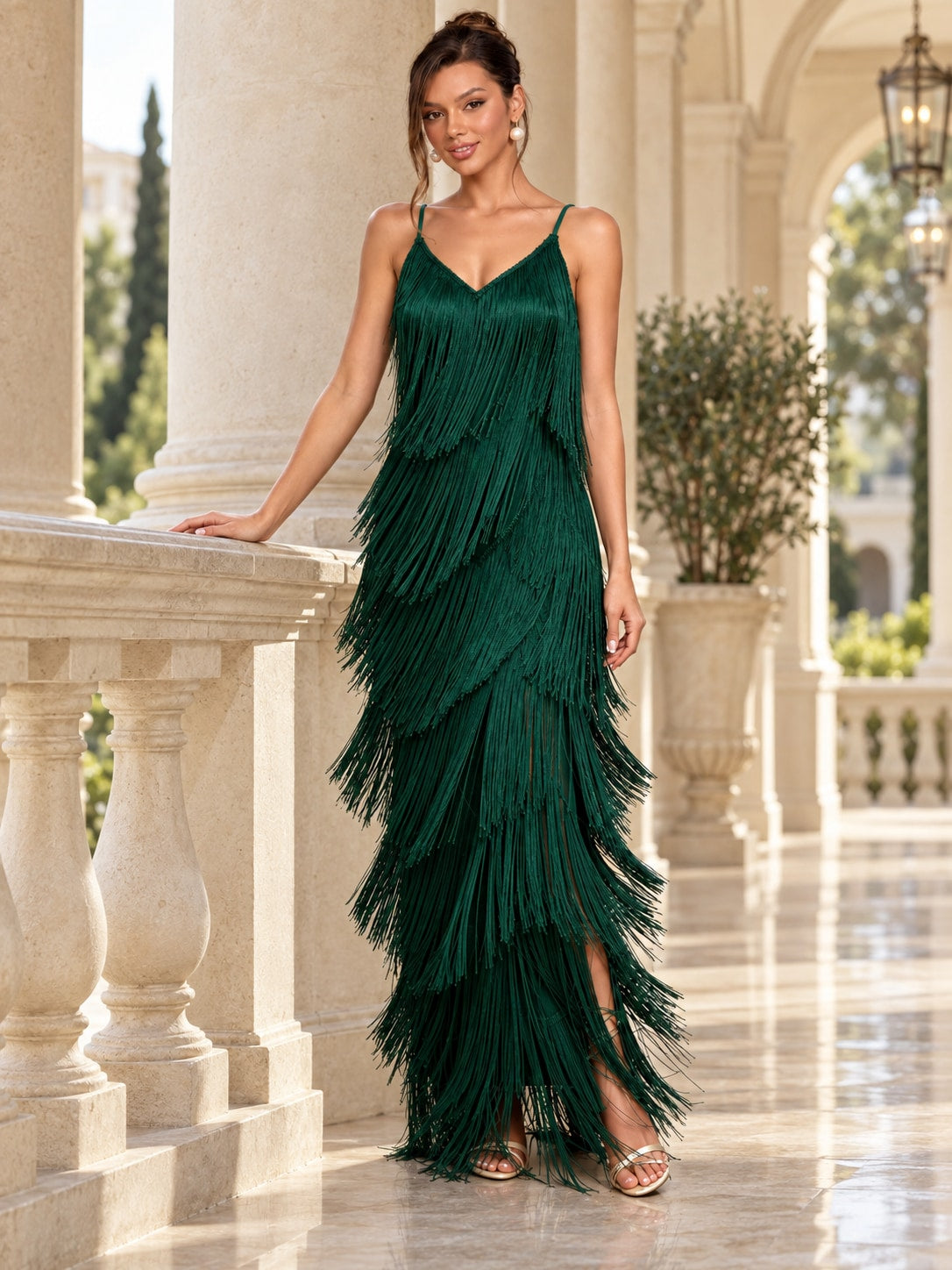 Green Fringe Maxi Dress for Party & Evening